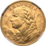 Switzerland, 1927 Gold 20 Francs, Vreneli, NGC MS 65