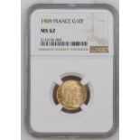 France, Third Republic, 1909 Gold 10 Francs, NGC MS 62