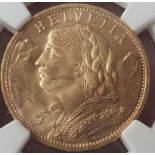 Switzerland, 1927 Gold 20 Francs, Vreneli, NGC MS 65