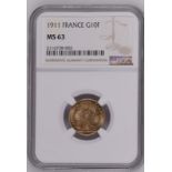 France, Third Republic, 1911 Gold 10 Francs, NGC MS 63