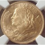 Switzerland, 1926 Gold 20 Francs, Vreneli, NGC MS 65