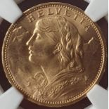 Switzerland, 1913 Gold 20 Francs, Vreneli, NGC MS 65