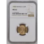 France, Third Republic, 1908 Gold 10 Francs, NGC MS 62