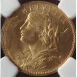 Switzerland, 1898 Gold 20 Francs, Vreneli, NGC MS 65