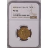 Australia, Victoria, 1891 M Gold Sovereign, Short Tail, NGC AU 50