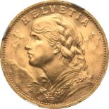 Switzerland, 1930 Gold 20 Francs, Vreneli, NGC MS 66