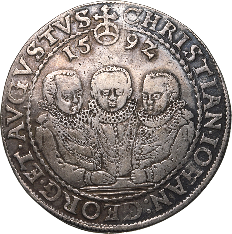 Germany: Saxony Christian II, Johann-Georg and Augustus 1592 HB Silver 1 Taler Very fine