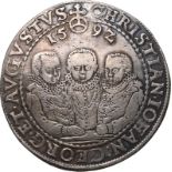 Germany: Saxony Christian II, Johann-Georg and Augustus 1592 HB Silver 1 Taler Very fine