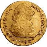 Spain: Columbia, 1780 PSF Gold 2 Escudos, Carlos III, About very fine, edge knocks