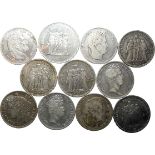 France, 1831-1873 Lot of 11 Silver 5 Francs & 50 Francs