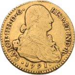 Spain: Columbia, 1791 PSF Gold 2 Escudos, Carlos IV, Good fine
