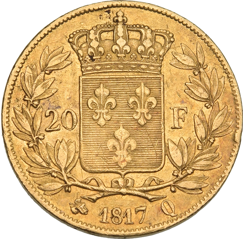 France, Louis XVIII, 1817 Q Gold 20 Francs, Very fine - Image 2 of 2