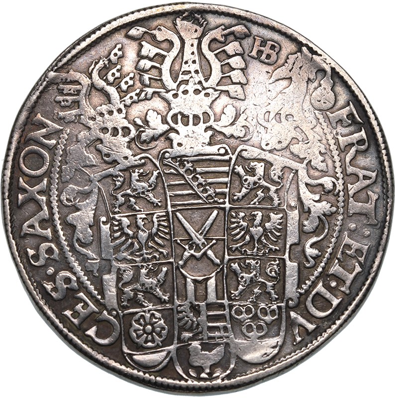 Germany: Saxony Christian II, Johann-Georg and Augustus 1592 HB Silver 1 Taler Very fine - Image 2 of 2