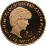 1999 Gold 5 Pounds (Crown) Princess Diana Proof NGC PF 70 ULTRA CAMEO Box & COA