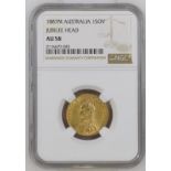 1887 M Gold Sovereign First Legend. NGC AU 58