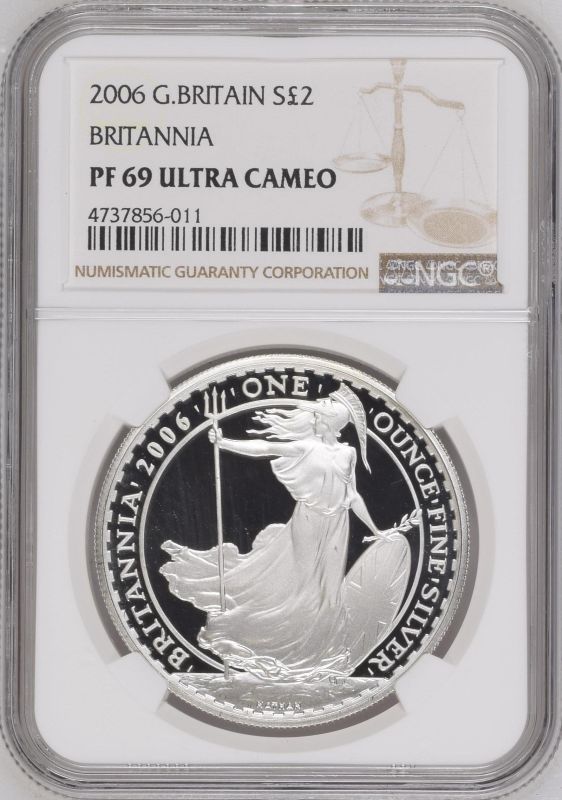 2006 Silver 2 Pounds (1 oz.) Britannia - Standing Proof NGC PF 69 ULTRA CAMEO