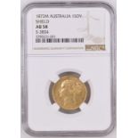 1872/1 M Gold Sovereign Shield; 2 over 1 NGC AU 58
