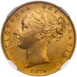 1872/1 M Gold Sovereign Shield; 2 over 1 NGC MS 61