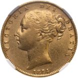 1874 Gold Sovereign Shield NGC AU 55