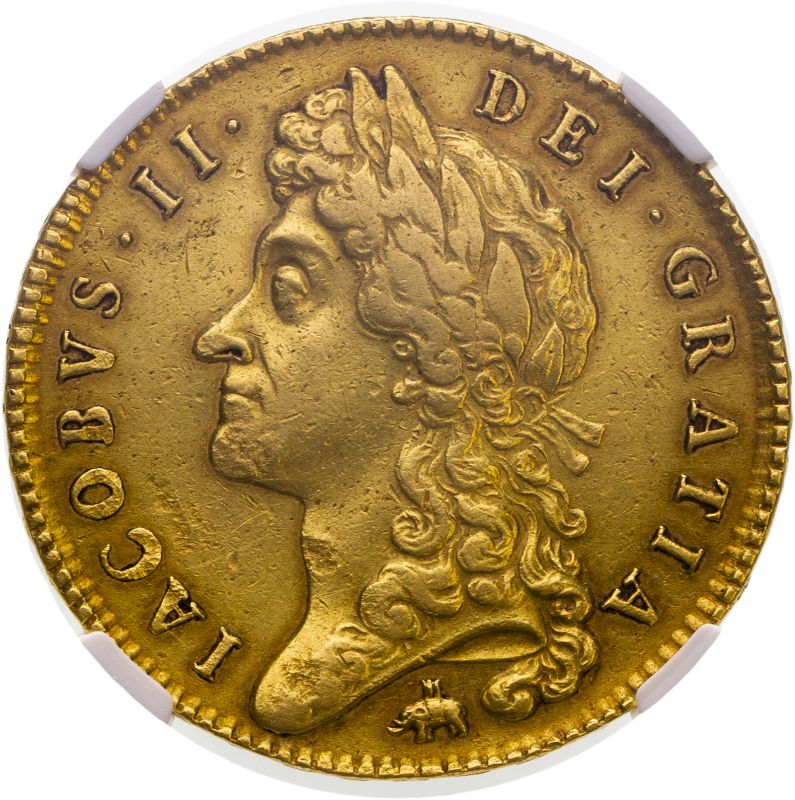 1687 Gold 5 Guineas Elephant & Castle NGC XF 45