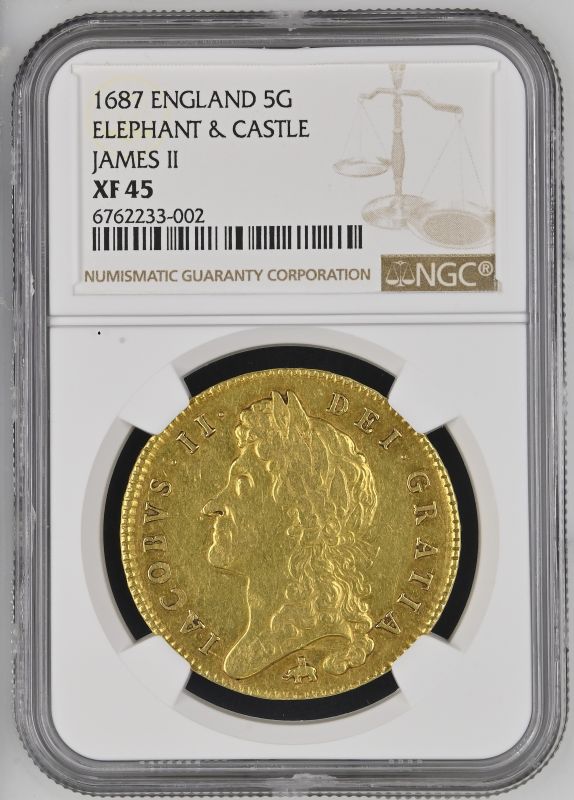 1687 Gold 5 Guineas Elephant & Castle NGC XF 45 - Image 3 of 4