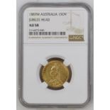 1887 M Gold Sovereign First Legend. Angled J NGC AU 58