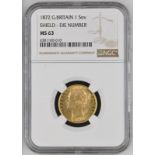 1872 Gold Sovereign Shield - die number NGC MS 63