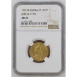 1887 M Gold Sovereign First Legend. Angled J NGC AU 55