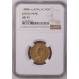 1887 M Gold Sovereign First Legend. Angled J NGC AU 53