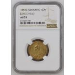 1887 M Gold Sovereign First Legend. Angled J NGC AU 53