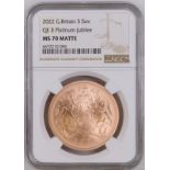 2022 Gold 5 Pounds (5 Sovereigns) Platinum Jubilee Matte BU NGC MS 70 MATTE Box & COA