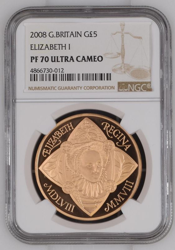 2008 Gold 5 Pounds (Crown) Queen Elizabeth I Proof NGC PF 70 ULTRA CAMEO Box & COA - Image 3 of 4