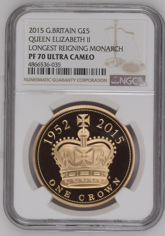 2015 Gold 5 Pounds (Crown) Longest Reigning Monarch Proof NGC PF 70 ULTRA CAMEO Box & COA - Image 3 of 4