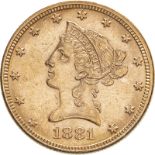 United States Eagle 1881 Gold 10 Dollars About uncirculated, lightly cleaned