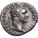 Roman Empire Domitian AD 92-93 Silver Denarius Good Very Fine; wonderfully toned, with golden irides