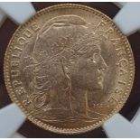 France Third Republic 1910 Gold 10 Francs NGC MS 62