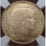 France Third Republic 1905 Gold 10 Francs NGC MS 62
