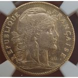 France Third Republic 1910 Gold 10 Francs NGC MS 63