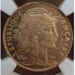 France Third Republic 1909 Gold 10 Francs NGC MS 62