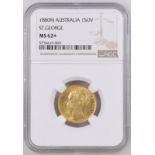 1880 M Gold Sovereign St George; Medium Tail NGC MS 62+