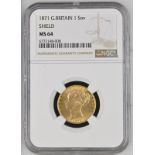 1871 Gold Sovereign Shield NGC MS 64