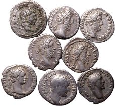 Roman Empire Various Emperors AD 95-213 Silver 8 x AR Denominations About Very Fine-Very Fine