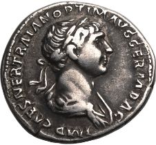 Roman Empire Trajan AD 116-117 Silver Denarius About Good Very Fine; exhibiting a wonderful, shimmer