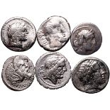 Roman Republic & Imperatorial Julius Caesar + Various Moneyers 1st century BC Silver 5 x AR Denarii