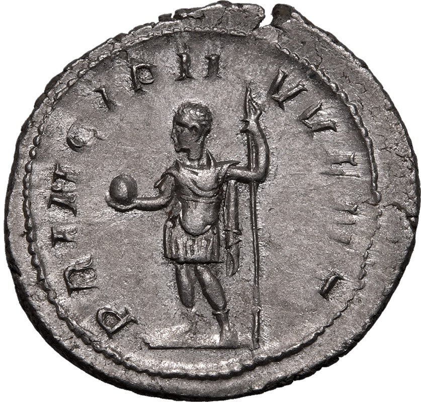Roman Empire Philip II (Caesar) AD 244-246 Silver Antoninianus Extremely Fine; large flan, rev. stru - Image 2 of 2
