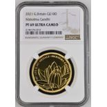 2021 Gold 100 Pounds (1 oz.) Mahatma Gandhi Proof NGC PF 69 ULTRA CAMEO Box & COA