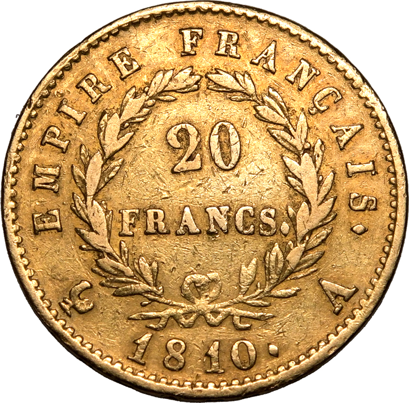 France Napoleon I 1810-A Gold 20 Francs Paris About Very Fine Cleaned - Image 2 of 2