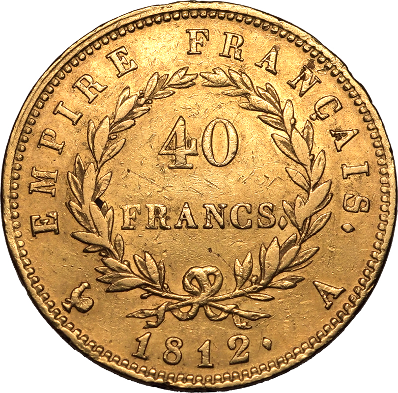 France Napoleon I 1812-A Gold 40 Francs Paris Very Fine, Lightly Cleaned - Image 2 of 2