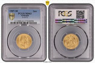 1907 M Gold Sovereign PCGS MS63