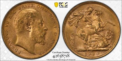 1909 P Gold Sovereign PCGS MS62